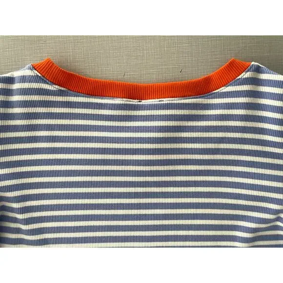 Maeve Anthropologie Sz XL Puff Sleeve Ribbed T-Shirt Blue Striped Casual Preppy - Picture 9 of 12